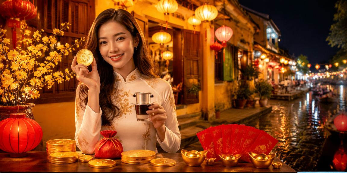 Người chơi tại Hội An nhâm nhi cà phê và kiểm tra thưởng nạp tiền VIP trên điện thoại